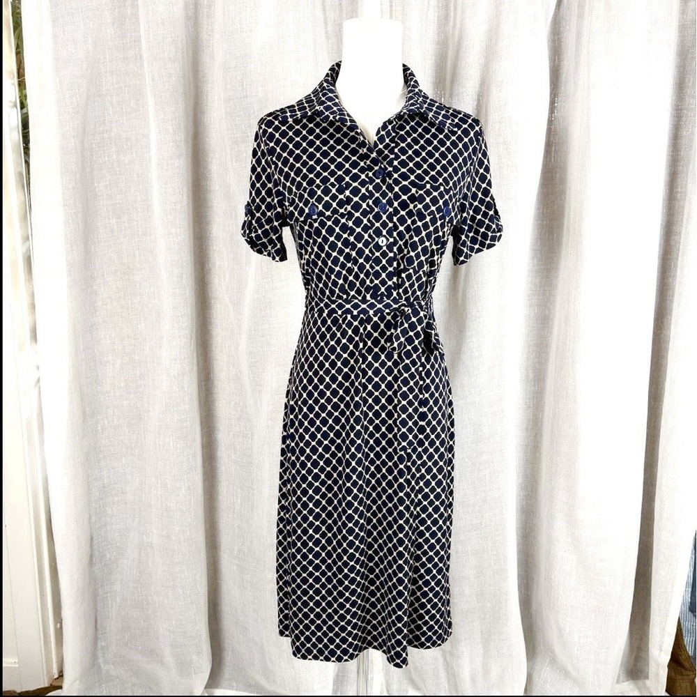 Vintage‎ Y2K Dress Sz S 6 Midi Navy White Button Front Tie Waist Jersey Grunge